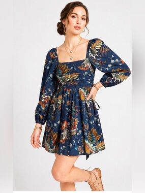 Caroline Constas Floral Print Mini Dress Blue Cotton NWOT Size M